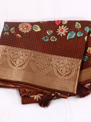 Semi Tussar Silk Saree with All-Over Zari Checks & Kalamkari Print Zari Woven Border