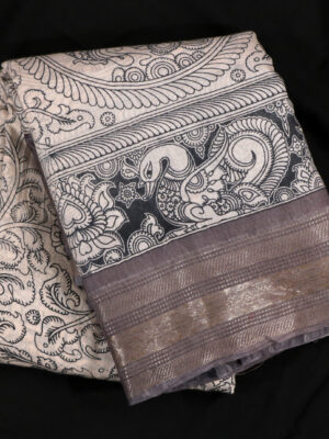 Kalamkari Semi Silk Saree with All-Over Kalamkari Prints & Kanchi Border