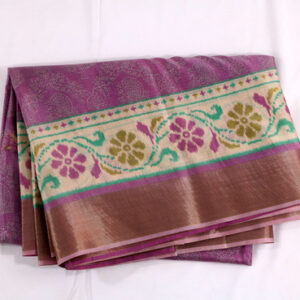 Korean Tussar Silk Saree with Peacock Border & Floral Print