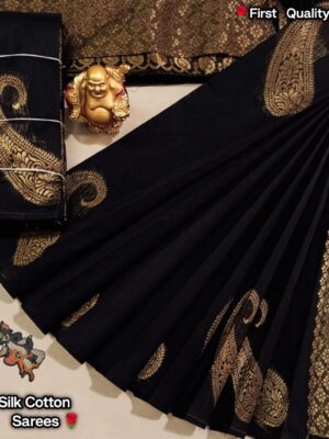 Exclusive Silk Cotton Saree with Thin Copper Jari Border and Rich Pallu Work