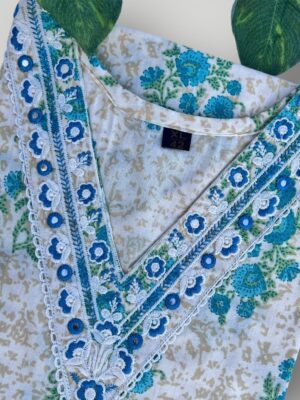 Sea Blue Flower Printed Cotton V-Neck Kurtis Serene Elegance & Comfort