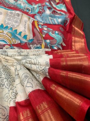 Masterpiece Dola Silk Saree in Red with Pen Kalamkari Motifs and Artistic Printed Pallu