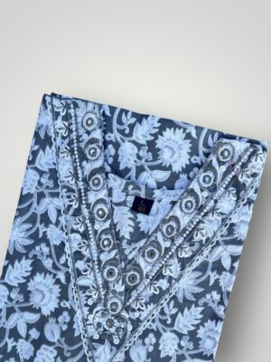 Grey Leaf and Floral Printed Cotton V-Neck Kurtis Subtle Elegance & amp Comfort