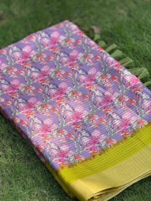 Stunning Tussar Chex Saree in Lavender with Floral Fusion and Rich Magenta Motif Pallu