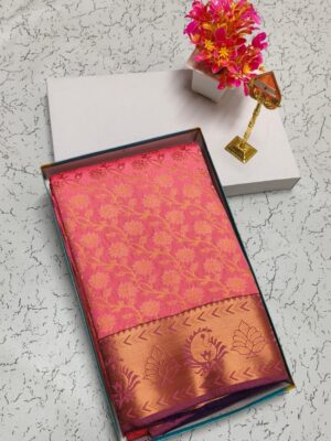 Pink Flower Patterned Kanchipuram Semi Silk Saree Vibrant Elegance & Timeless Charm