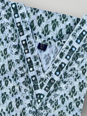 Bottle Green Leaf Printed Cotton V-Neck Kurtis Nature-Inspired Elegance