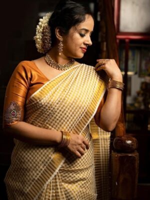 Special Onam Collection Kerala Paalum Palam Saree with Golden Zarikai and Running Blouse