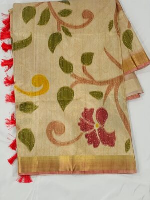 Luxurious Soft Silk Tissue Saree in Light Cream with Floral Prints and Opulent Pallu