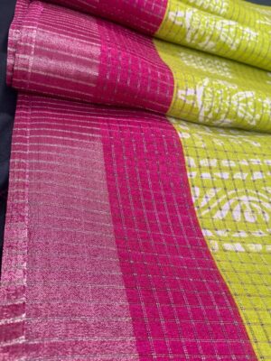 Vibrant Tussar Chex Saree in Radiant Yellow with White Thread Work and Zari Resham Border