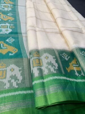 Exquisite Soft Tussar Silk Saree in White with Double Ikat Weaving on Pallu and Border