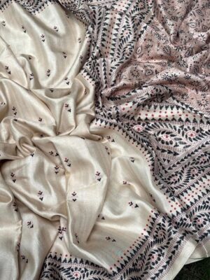 Elegant Tussar Silk Saree in Cream with Ghicha Weaving and Katha Madhubani Prints