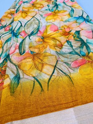 Vibrant Kasturi Cotton Saree in Yellow with All Over Floral Design and Zari Border