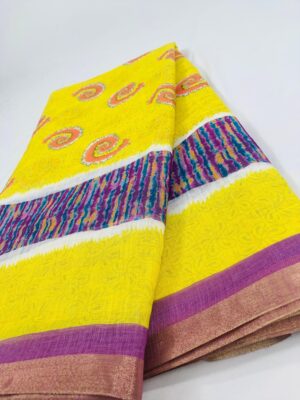 Elegant Linen by Cotton Saree in Lime Yellow with Kalamkari Pallu and Small Zari Border