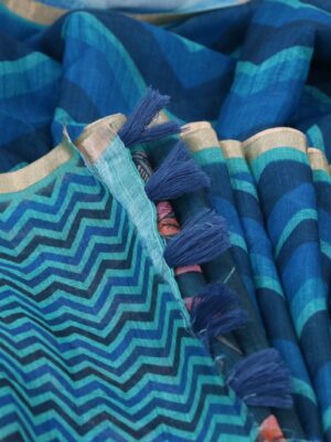 Linen Chanderi Cotton Saree with Zig Zag Pattern & Kalamkari Pallu