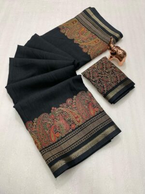 Stunning Pure Soft Tusser Kashmiri Printed Saree with Rich Pallu and Fancy Golden Border