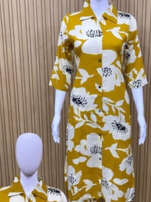 Elegant Dark Yellow Cotton Kurti with Floral Print and V-Collar Neck Timeless Indian Style