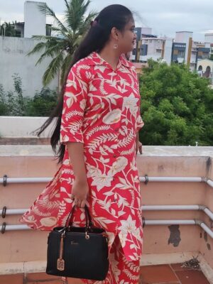 Vibrant Red Cotton Kurti with Floral Print and V-Collar Neck Bold Indian Elegance