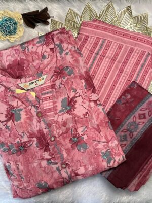 Elegant Hand-Printed Silk Kurti with Three-Quarter Sleeves & V-Neck