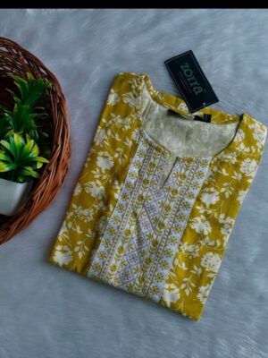 Yellow with White Flower Printed Silk Designer Neck Kurtis Vibrant Elegance & Luxurious Comfort