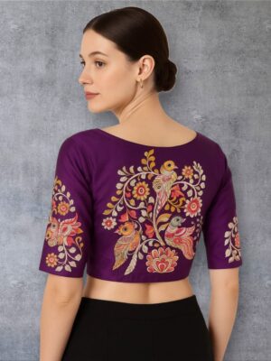 Exquisite Ethnic Cotton Silk Blouse with Peacock Pattern