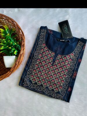 Navy Blue Flower Printed Silk Designer Neck Kurtis Elegant Sophistication & Luxurious Comfort