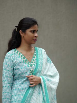 Blue Hand-Printed Mulmul Cotton Kurti with Three-Quarter Sleeves & V-Neck