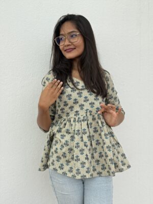 Chic Floral Jaipur Cotton Peplum Kurti with Three-Quarter Sleeves and V-Neck