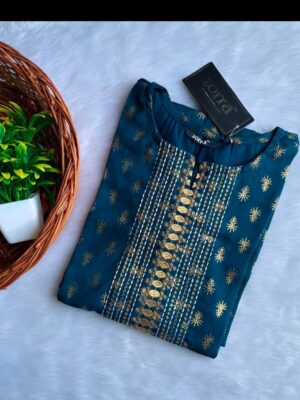 Blue Floral Silk Designer Neck Kurtis Serene Elegance & Luxurious Comfort