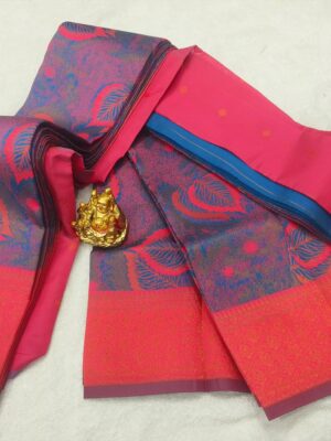 Peacock Blue Semi Silk Saree with Copper Zari Weaving and Contrast Butta Blouse