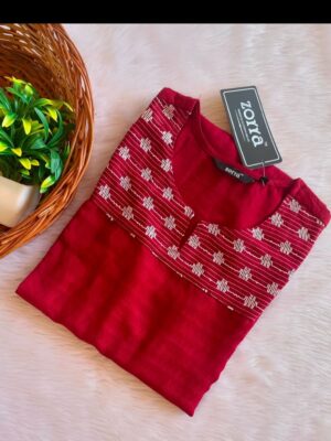 Red Wavey Pattern Silk Designer Neck Kurtis Vibrant Elegance & Luxurious Comfort