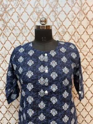 Dark Blue Floral Block Three Quarter Sleeve Rayon Kurtis
