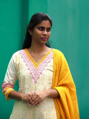 Soft White with Yellow Hand-Printed Mulmul Cotton Kurti with Three-Quarter Sleeves & V-Neck