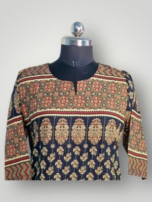 Navy Blue Floral Cotton V-Neck Kurtis Timeless Elegance & Effortless Comfort