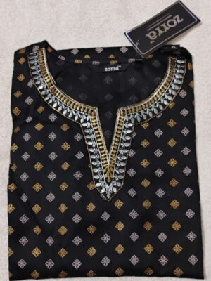 Black Floral Silk Designer Neck Kurtis with Silver and Golden Border Luxurious Elegance & Modern Charm
