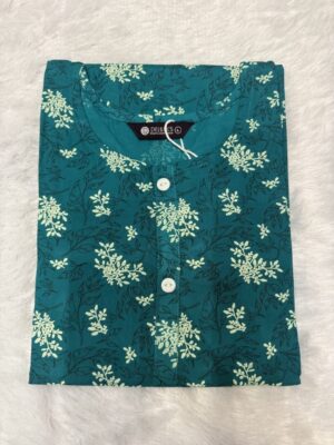 Blue Green Floral Three-Quarter Sleeve Rayon Kurti