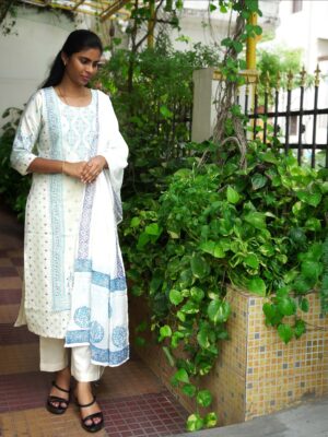 "Soft White with Sky Blue Hand-Printed Mulmul Cotton Kurti with Three-Quarter Sleeves & U-Neck "