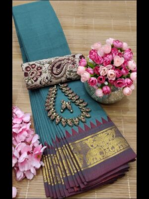 Elegant Pure Chettinad Cotton Saree with Kalamkari Blouse