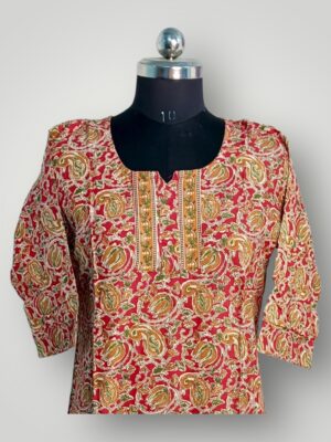 Red Floral Cotton V-Neck Kurtis Vibrant Elegance & Effortless Comfort