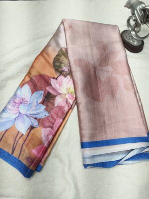 Digital Softy Floral Saree with Stone Work Border and Contrast Plain Blouse