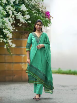 Soft White with Sky Blue Hand Printed Mulmul Cotton Kurti with Three Quarter Sleeves & U-Neck