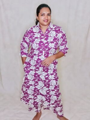 Elegant Purple Cotton Kurti with Floral Print and V-Collar Neck – Timeless Indian Charm