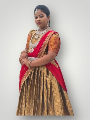 Luxurious Gold and Red Tissue Fabric Lehenga with Customisable Length
