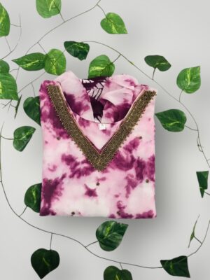 Trendy Tie-Dye Chiffon Kurti with Golden Bead work Half Sleeve V-Neck