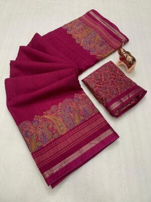 Stunning Pure Soft Tusser Kashmiri Printed Saree with Rich Pallu and Fancy Golden Border