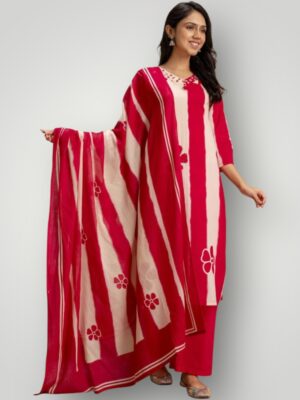 Floral Cotton Kurti Dupatta Set with Three Fourth Sleeves & V Neck