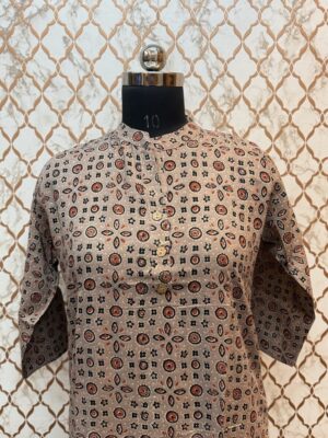 Light Brown Floral Three Quarter Sleeve Rayon Kurtis with China Collar