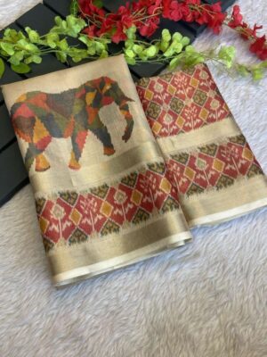 Exquisite Soft Tusshar Tissue Saree with Ikat Blouse