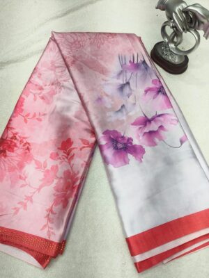 Digital Softy Floral Saree with Stone Work Border and Contrast Plain Blouse