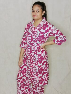 Vibrant Magenta Pink Cotton Kurti with Floral Print and V-Collar Neck Bold Indian Elegance