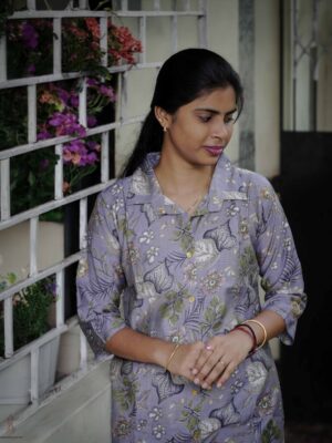Vibrant Multi Color Floral Raw Silk Three Quarter Sleeve Kurti with Collar Neck